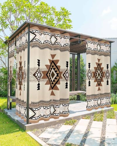 Outdoor-Vorhänge für Terrasse, wasserdicht, Bauernhaus, Azteken-Lichtfilterung, wärmeisoliert, Sichtschutzvorhänge mit Ösen, 137 x 213 cm, 2 Paneele, Outdoor-Vorhang für Pergola, Veranda, Pavillon