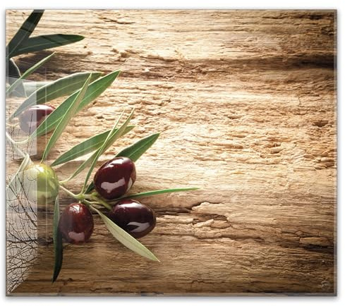 Herdabdeckplatte 60x52 cm einteilig aus 4mm ESG Glas | Oliven altes Holz Olivenzweige, Mediterrane Küche | Herd Abdeckung Abdeckplatte Induktion Schneidebrett Glasplatte für Ceranfeld