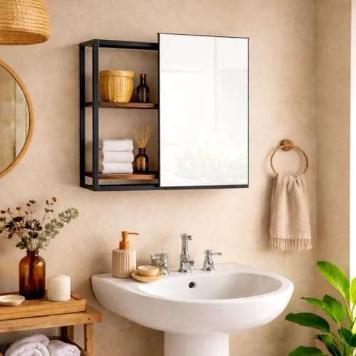 Dylex Bathroom Mirror Cabinet with Open Shelves, Wall Mounted Storage Unit with Sliding Mirror Door, Metal Frame & Wood Shelving