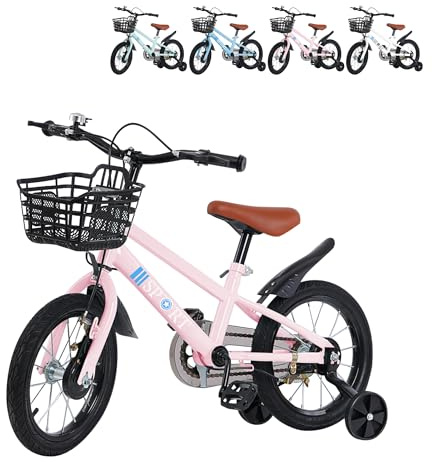 XUANYU Kinderfahrrad für 2 bis 8 Jahre mit Stützrädern, Laufrad mit Pedalen und Rücktritt für Anfänger, Trekkingrad für Mädchen und Jungen (Rosa, 16 Zoll)
