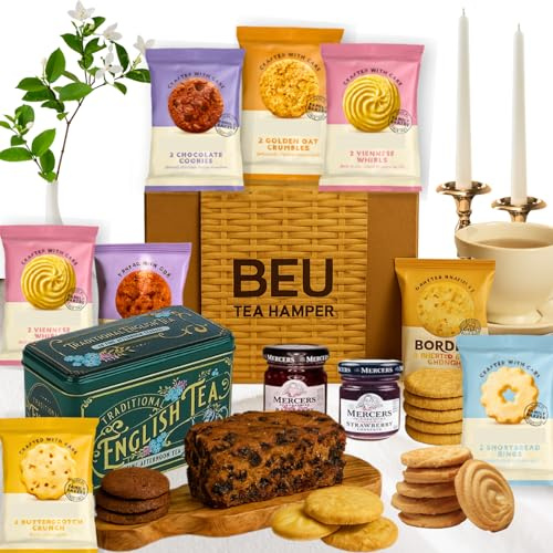 Afternoon Tea Hamper Gift Set – Premium 40 Tea Bags, Jam, Fruitcake and 8x 2 Pack Biscuits Hampers for Women & Men – Ideal Birthday Hampers, Fathers Day Hamper for Dad, Teachers Day Gifts
