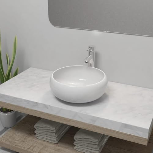 QJBSAVVA Weißes Keramik Waschbecken mit Mischbatterie 40 cm Rund Aufsatzwaschbecken Verchromter Einhebel Wasserhahn für Badezimmer Waschraum und Schminkraum
