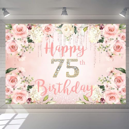 75. Geburtstag Deko Frau, Happy 75th Birthday Banner Stoff Schild Plakat, Frauen 75. Geburtstag Hintergrund Banner, Geburtstagsfeier Willkommensschild Aquarell Blumen Element