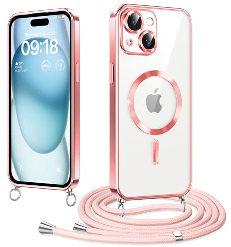 Micnkifo Elettrolitico TPU Magnetica Cover con Cordino per iPhone 15 Plus, Compatibile con Magsafe Ricarica Wireless, Antiurto AntiGraffio con Collana Regolabile per iPhone 15 Plus, Rosa
