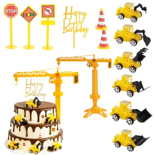 22Stück Mini Tortendeko Bagger -Tortendeko Baustelle mit Verkehrsschildern, Einschulung Kindergeburtstag, Deko Bagger Kuchen, Cake Topper, Torten Kuchendeko für Geburtstag(TZSR)