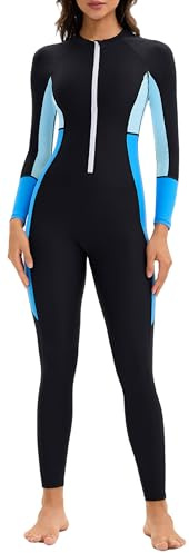 Ausing Full Body Swimsuit for Women Rash Guard One Piece Diving Suit Long Sleeve Sun Protection Swimwear Surfing L(Tag XL) Black Blue