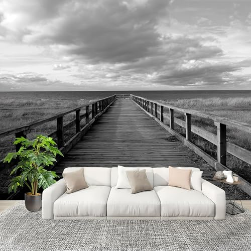 Decoración del hogar Fotomural 250x175cm Puente De Madera Y Vistas Al Mar Papel Pintado Panorámico ExtraíBle Para Despegar Y Pegar In Bianco E Nero Para salón Dormitorios,Comedores HD Papel Tapiz