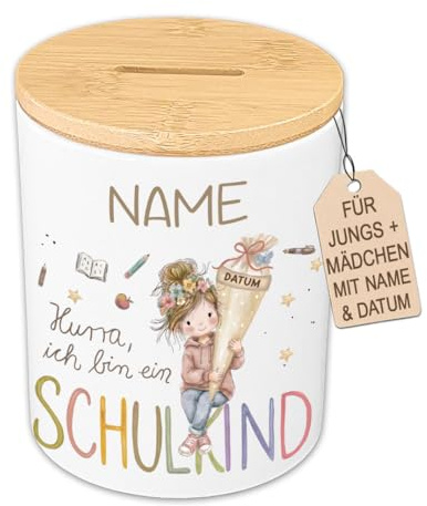 Personalisierte Spardose Einschulung mit Namen & Datum – Geldgeschenk Schulanfang Junge Mädchen – Keramik Stiftehalter Schulkind 2026 Schreibtisch Deko