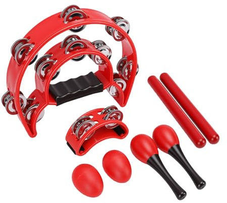 Jeffergarden Juego de Panderetas Rojas Kit de Instrumentos de Percusión de 8 Piezas con Maracas ABS Baquetas Rítmicas de Madera de Haya Jingles de Doble para Aula Danza Música Actuación