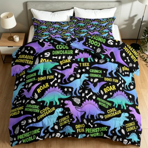 Couette d'été 260 x 240 cm pour Lit 2 Personnes, Douce et Respirante Couverture - Lavable en Machine - Dessin Animé Chic Jurassique Animal Dinosaure Couette pour Adultes, Enfants et Adolescents, Noir
