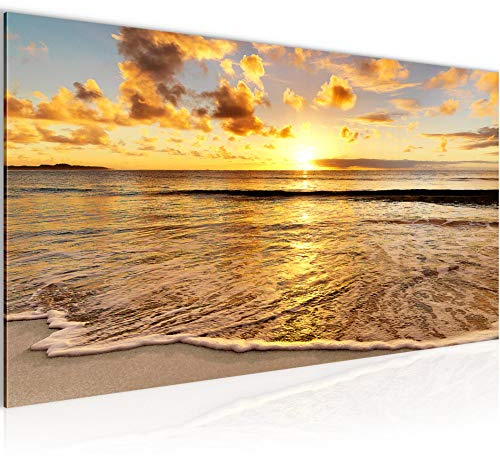 Runa Art Wandbild Sonnenuntergang Strand 1 Teilig 100 x 40 cm Modern Bild auf Vlies Leinwand Meer Schlafzimmer Wohnzimmer Beige Blau 607912a
