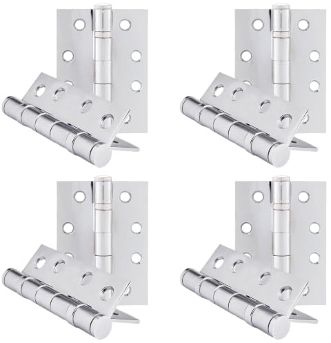XFORT 4 Inch (100mm) Polished Chrome Ball Bearing Hinges, Steel Door Hinge for Wooden Doors (4 Pairs)