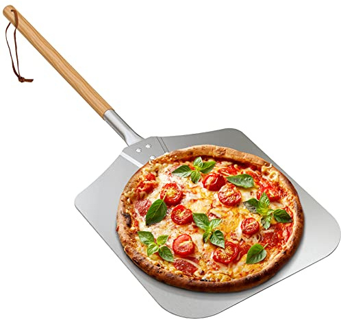 only fire Metal Pizza Peel with Wooden Handle for Indoor & Outdoor Grill Oven, 12 x 14 inch Pizza Baking Spatula Paddle for Baking Bread Pies, 28 Inch Long