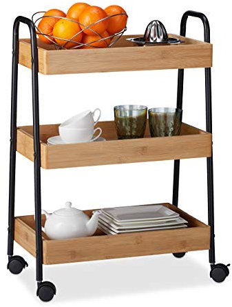 Relaxdays Servierwagen Bambus, 3 Ablagen, 360° drehbare Rollen, mit Griffen, Stahlgestell, HBT 70x49x28cm, Natur/schwarz