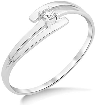 Miore Anillo de compromiso de mujer con diamante solitario en oro blanco de 9 quilates / 375, joya con diamante brillante de 0,05 ct, 14, Oro blanco, Diamante