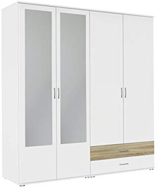 Rauch Möbel Noosa Schrank Drehtürenschrank, Weiß/Eiche Sonoma, Holz, 4-türig mit Spiegel und 2 Schubladen, inkl. Zubehörpaket Basic 1 Kleiderstange, 3 Einlegeböden BxHxT 168x188x52 cm