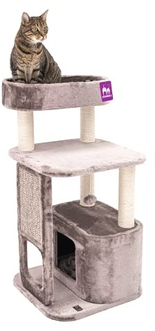Petrebels Kitten Kratzbaum für Kleine Katzen, Little Rock 99 cm, Cappuccino | kompakt und komplett, Ø 7 cm Stämme, mit Kratzbrett und Schlafhöhle, geeignet für kleine Katzen und Kätzchen