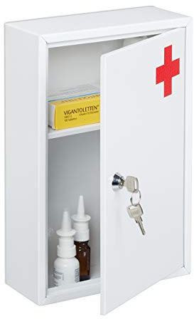 Relaxdays Medizinschrank, 10030698 abschließbar, ungefüllt, 2 Fächer, Wand Medikamentenschrank, HBT: 32 x 21,5 x 8 cm, weiß/rot