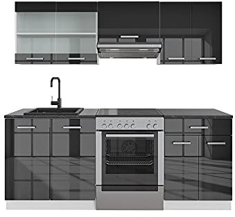 Vicco Küchenzeile R-Line, Küchenblock, Anthrazit Hochglanz/Weiß, 200 cm AP Marmor