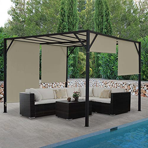 Pergola Baia, Garten Pavillon Terrassenüberdachung, stabiles 6cm-Stahl-Gestell + Schiebedach Taupe - 3x3m