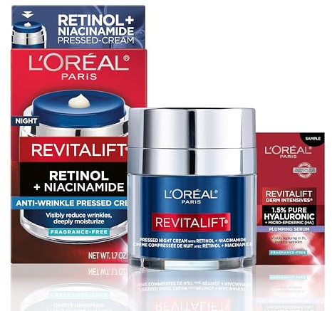 L'Oreal Paris Revitalift Pressed Night Cream, Retinol + Niacinamide, Reduces Wrinkles, Fragrance Free, 1.7 oz + Serum Sample