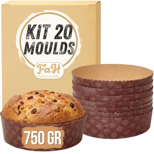 FAH FAMILY AT HOME Backform für Panettone, niedrig, 750 g, Premium-Qualität (20 Stück) – Professionelle Panettone-Backförmchen aus gewelltem Papier aus reiner Zellulose, hitzebeständig bis 220 °C