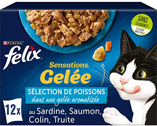 FELIX | Sensations | ausgewachsene Katze | Auswahl von Gelee-Fischen: mit Lachs, Sardine, Colin, Forelle | Nassfutter 100% vollständig und ausgewogen | Frischebeutel | 6 Stück (12 x 85 g)