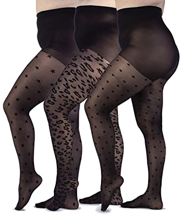 LEELA LAB Multipack Collant Donna Curvy Fantasia, 30 Denari, Taglie Forti Donna, Linea Fashion, Fantasia Leopardata, Stelle e Pois, Made in Italy (3 Pezzi) (Black, 8)