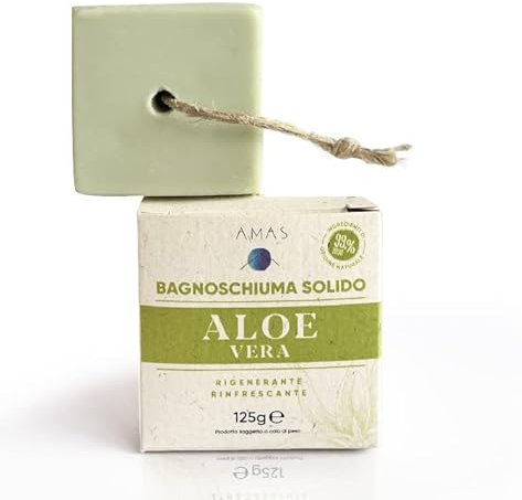 AMAS Bagnoschiuma doccia Solido - ALOE VERA -100% Naturale - Vegan - Plastic Free - Rigenerante e Rinfrescante - Equivale a 3 Flaconi in Plastica -125g- Fatto a Mano in Italia -