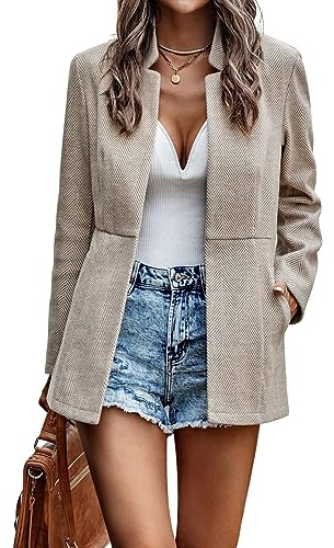 chouyatou Women's Casual Business Open Front Long Sleeve Notch Lapel Office Blazer Jacket (Medium, Apricot)