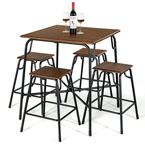 COSTWAY 5-Piece Dining Table Set, Counter Height Bar Table and 4 Stools with Footrest, Metal Frame Space Saving Breakfast Dining Furniture for Kitchen Pub Living Room