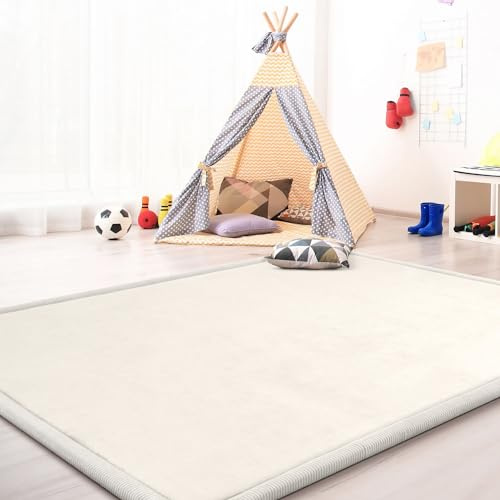 TT Home Krabbelmatte Babyzimmer Teppich Spielmatte Kinder Unifarben rutschfest Flauschig, Farbe: Beige Creme, Größe:140x200 cm
