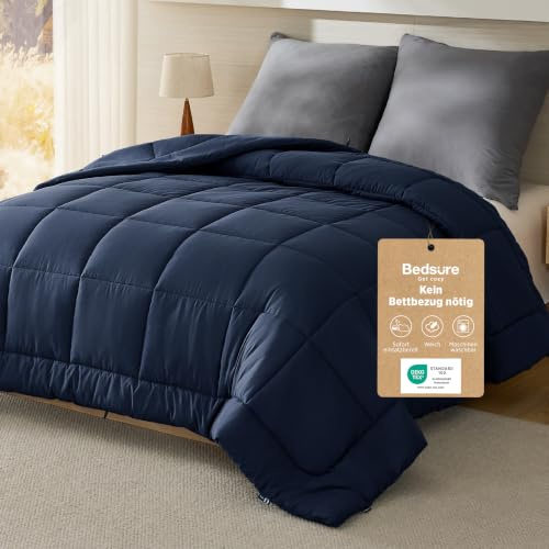 BEDSURE Bettdecke Ohne Bezug 155x220 - Bettdecke mit Integriertem Bezug | Bettdecke 155x220 für Allergiker Waschbare 4 Jahreszeiten Bettdecken Oeko-TEX Ganzjahresdecke Warm & Gemütlich, Blau