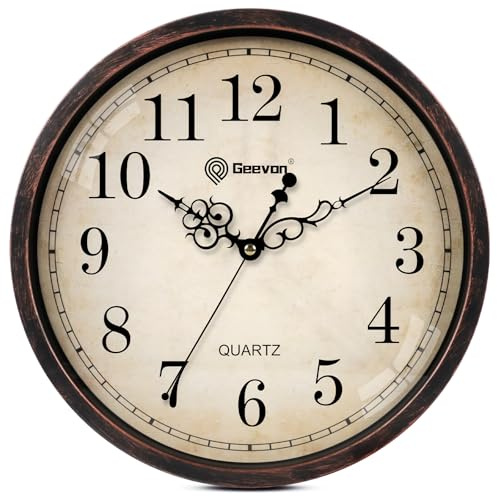 Geevon Retro-Wanduhr, geräuschlos, Nicht tickend, rund, Vintage, Quarz | Retro Dunkelbraun, 12 Zoll, Dekorative Batteriebetriebene Wanduhr für Küche, Büro, Klassenzimmer, Schlafzimmer, Wohnzimmer