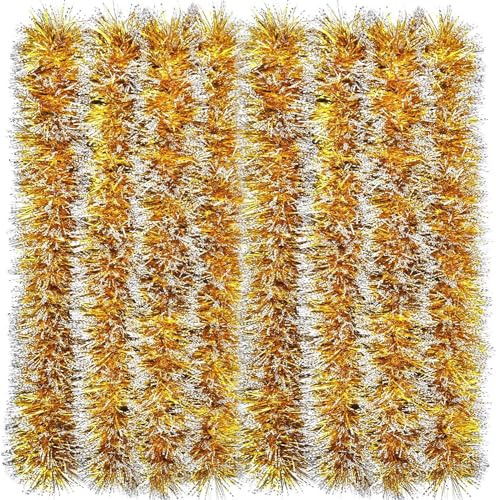 LATERN 10M Weihnachts Lametta Girlande, Goldfarbe Metallisches Lametta Grobes Glitzerndes Lametta Dicke Glänzende Girlande mit Frostspitze für Weihnachtsbaum Winter Hochzeit Urlaub Party Dekoration