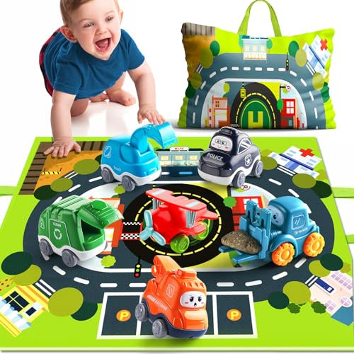 6 PCS Cartoon Truck Car Toys with Cranes,Tractor|Playmat/Storage Bag|Baby Toys for 1 Year Old Boys|1 2 3 Year Old Boy Birthday Gift|First Birthday Gifts for Toddler Age 1-2