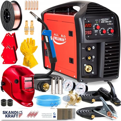 Weldman MIDI MIG 220 - 220A Maquina de soldar inverter, función Flux y MMA - Soldador de hilo eficiente que ofrece un factor de marcha del 100% en modo MIG a 170A - Set Premium