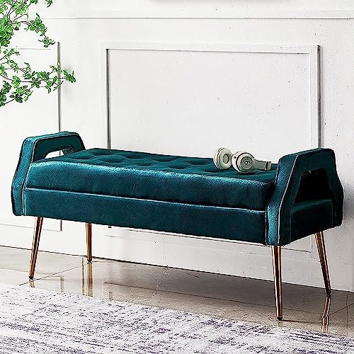 Luxuriöse Bettbank Mit Goldenen Beinen,Schlafzimmerbank Samtgepolsterte Sitzbank,Bequeme Osmanische Bank Multifunktions-Schuhbank Für Den Eingangsbereich-Blau 100x46x55cm(39x18x22inch)