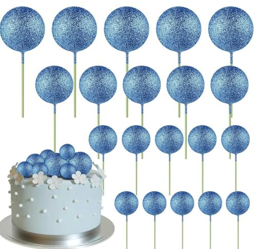 20 Pcs Ball Cake Topper Decorations Mini Balloons Cake Topper Sticks Blue Glitter Balls Cake Picks Cake Topper Balls Cake Decorations for Wedding Birthday Cake Decorations