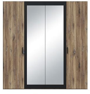 FORTE Leonard Schrank 200, Moderner Kleiderschrank mit Spiegel, Drehtürenschrank 4-türig, Holzwerkstoff, Flagstaff Eiche Holzdekor/Schwarz, 200,3 cm breit x 210,5 cm hoch x 54,2 cm tief