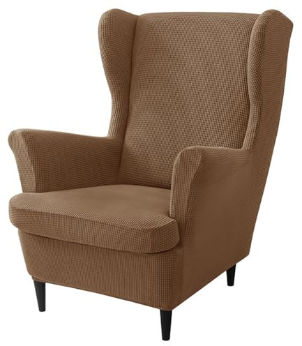 Stretch-Samt-Ohrensesselhussen-Set, elastische Unterseite, weiche Sesselbezüge für Wohnzimmer, Schlafzimmer, inklusive Hockerbezug und Kissenbezug, Braun