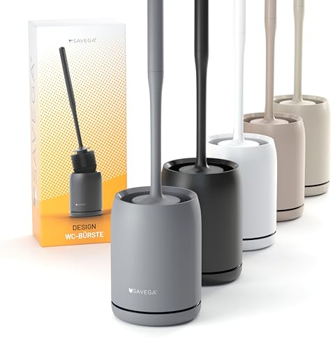 SAVEGA – Scopino WC in silicone grigio – Portascopino bagno a parete senza trapano – Spazzola water igienica flessibile – Set moderno (Grigio)