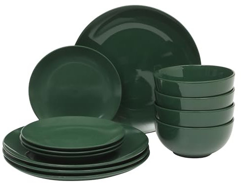 Gibson Home Simple Essential (Service for 4) 12 Piece Plates and Bowls Porcelain Solid Color Dishes Ceramic Dinnerware Set - Hunter Green