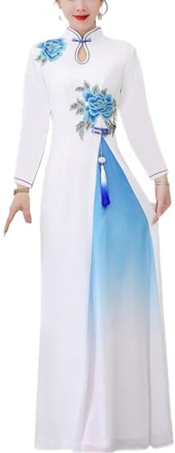 SXTYYH Traditionell Vietnamesisk Klänning Ao Dai Cheongsam Klänning for Kvinnor Lång Kinesiska Klänningar Sommar Teklänning Broderi Qipao(5XL,White)