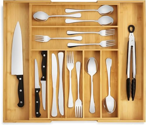 ARA CHOICE Natural Bamboo Expandable Cutlery Tray Holder Utensils Holder Storage Kitchen Drawer Organiser Divider Adjustable Utensil Wooden 6 to 8 Compartments 6-8 Extending Durable Large Capacity M&W