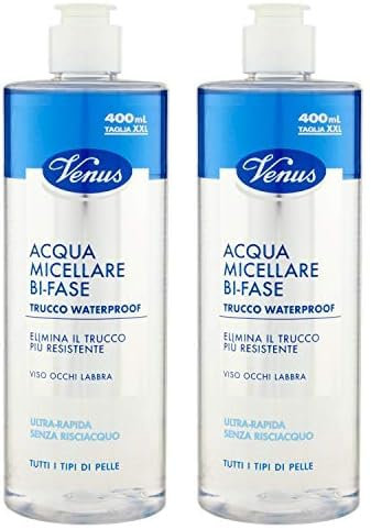 Venus, Acqua Micellare Bi-Fase, Struccante Waterproof Ultra-Rapido, Viso Occhi e Labbra, Assicura una Detersione Delicata e Lascia la Pelle Morbida dopo l'Utilizzo, Ideale su Occhi Sensibili, 400 ml