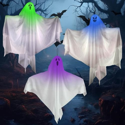 3 Stück Halloween Deko Hängender Geist, Halloween Geister Deko Outdoor, 67CM LED Blinkender weißer Geist Hängedekoration, HalloweenDeko für Hof, Garten, Terrasse, Rasen, Partydekor