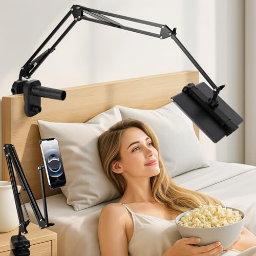MOPUBZO Support Tablette Lit, Support iPad Réglable à 360°, Bras Articulé pour 4,7–13 Pouces, Compatible avec Tablettes et Smartphones, Fixation pour Lit, Bureau, Canapé, Épaisseur 0–8 cm