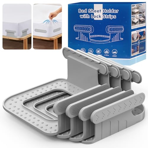 FONPOO 4 Stück Bettlakenspanner mit Feststell Streifen,Bed Sheet Lockers | Bettlakenhalter Gegen Verrutschen Sich gut zum Fixieren von Bettlaken,Spannbettlaken Halterung für Matratzen ab 7.6 cm