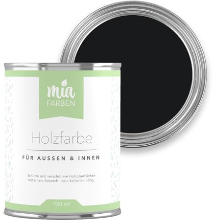 miafarben Holzfarbe ohne Schleifen matt 750ml (Tiefes Nachtschwarz) | Wetterfeste Holzfarbe für außen und innen, hochdeckend und wasserbasiert, für Möbel, Türen, Zäune und Gartenhaus